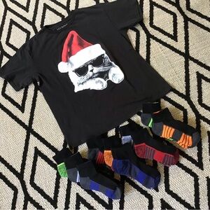 New (10)  Boys Crew Socks & Like New Hybrid & Co. Christmas  Cat T-Shirt